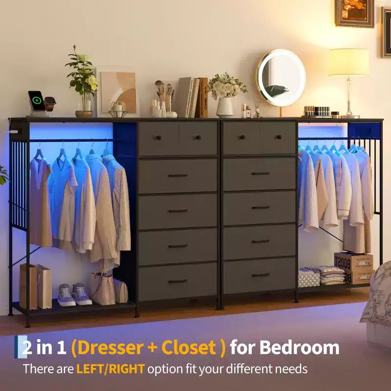 49.2 Dresser with Hanging Rack & Lights, 6-Drawer Storage Tower with Charging Station & Reversible Wood Top for Bedroom