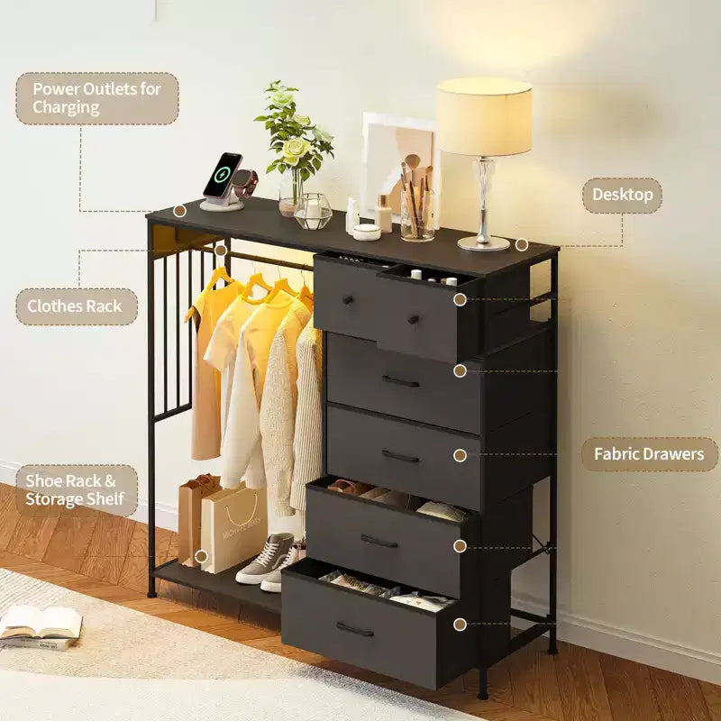 49.2 Dresser with Hanging Rack & Lights, 6-Drawer Storage Tower with Charging Station & Reversible Wood Top for Bedroom