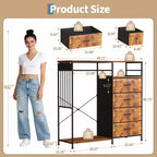49.2 Dresser with Hanging Rack & Lights, 6-Drawer Storage Tower with Charging Station & Reversible Wood Top for Bedroom