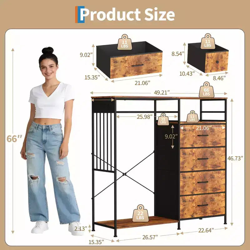 49.2 Dresser with Hanging Rack & Lights, 6-Drawer Storage Tower with Charging Station & Reversible Wood Top for Bedroom