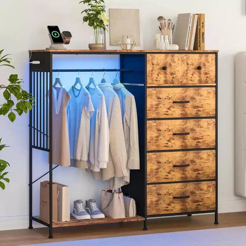 49.2 Dresser with Hanging Rack & Lights, 6-Drawer Storage Tower with Charging Station & Reversible Wood Top for Bedroom