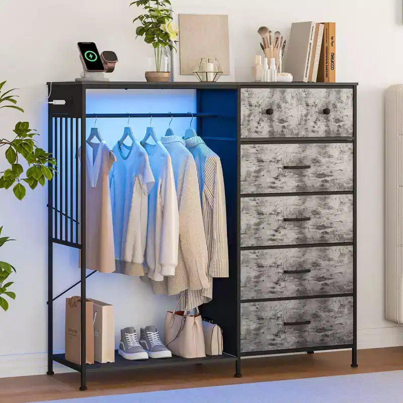 49.2 Dresser with Hanging Rack & Lights, 6-Drawer Storage Tower with Charging Station & Reversible Wood Top for Bedroom