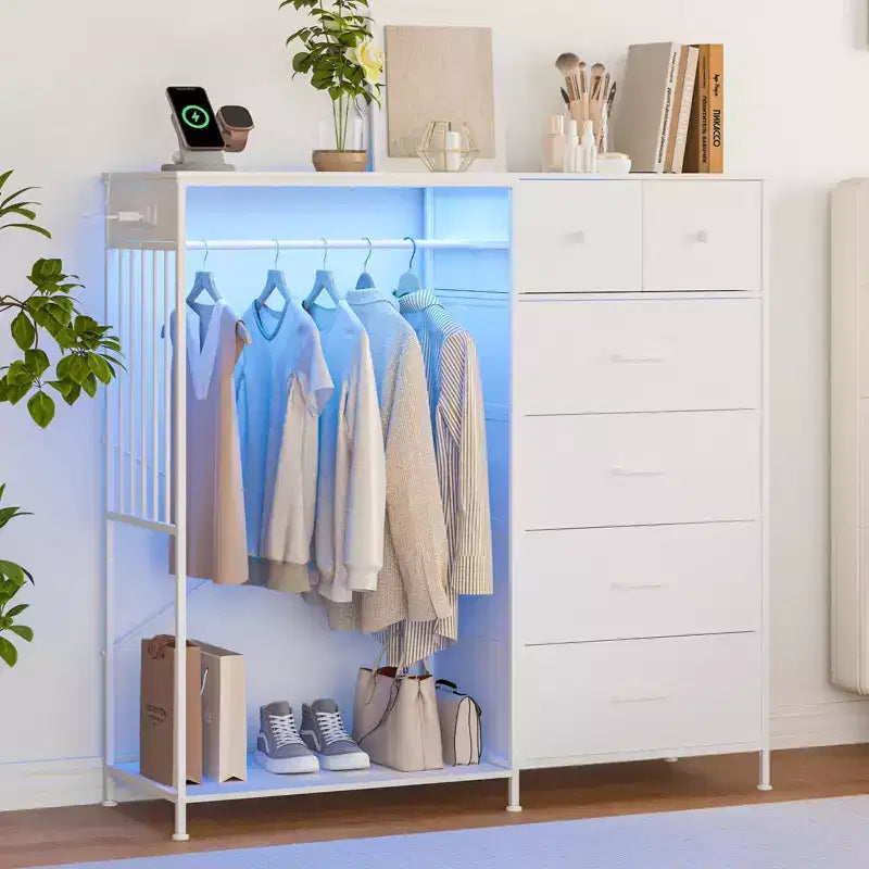 49.2 Dresser with Hanging Rack & Lights, 6-Drawer Storage Tower with Charging Station & Reversible Wood Top for Bedroom