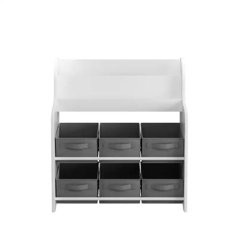Kids Bookshelf with 6 Fabric Bins, Front-Facing Book Display and Toy Storage Organizer for Playroom or Nursery, White & Gray