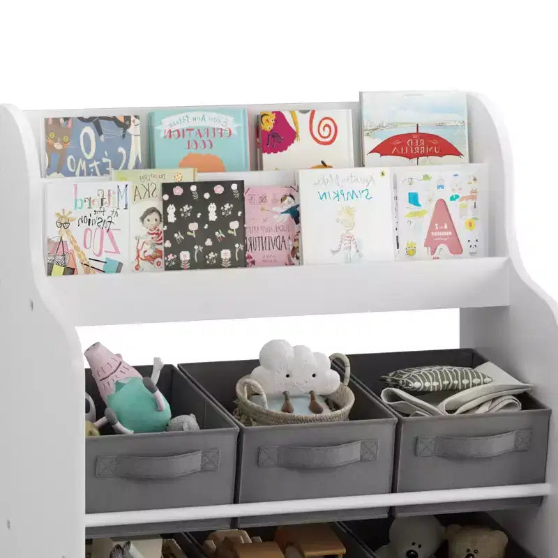 Kids Bookshelf with 6 Fabric Bins, Front-Facing Book Display and Toy Storage Organizer for Playroom or Nursery, White & Gray