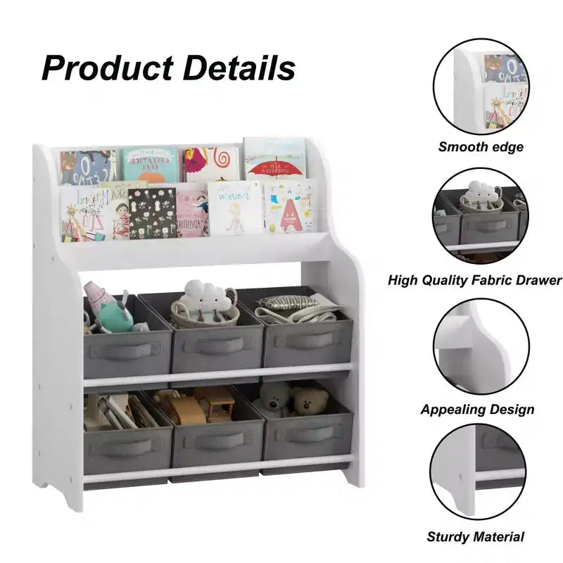 Kids Bookshelf with 6 Fabric Bins, Front-Facing Book Display and Toy Storage Organizer for Playroom or Nursery, White & Gray