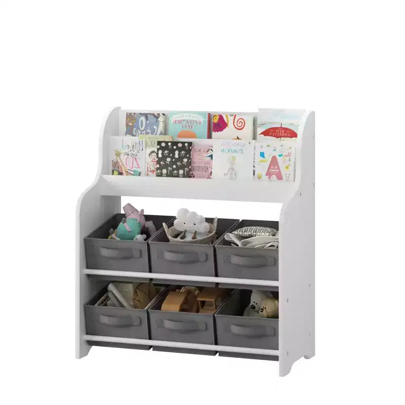 Kids Bookshelf with 6 Fabric Bins, Front-Facing Book Display and Toy Storage Organizer for Playroom or Nursery, White & Gray