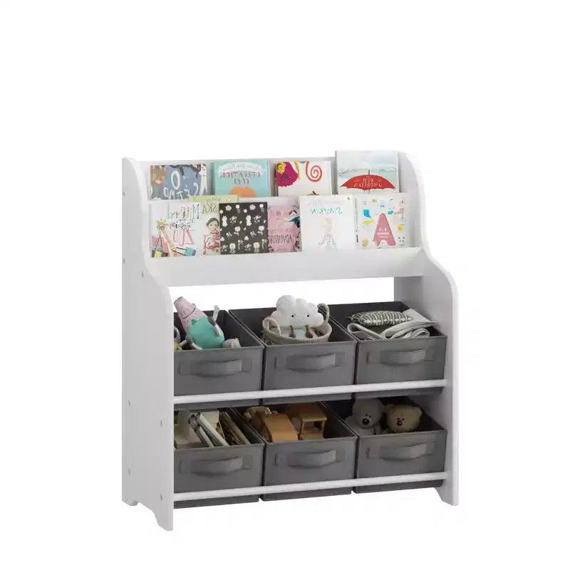 Kids Bookshelf with 6 Fabric Bins, Front-Facing Book Display and Toy Storage Organizer for Playroom or Nursery, White & Gray