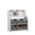 Kids Bookshelf with 6 Fabric Bins, Front-Facing Book Display and Toy Storage Organizer for Playroom or Nursery, White & Gray