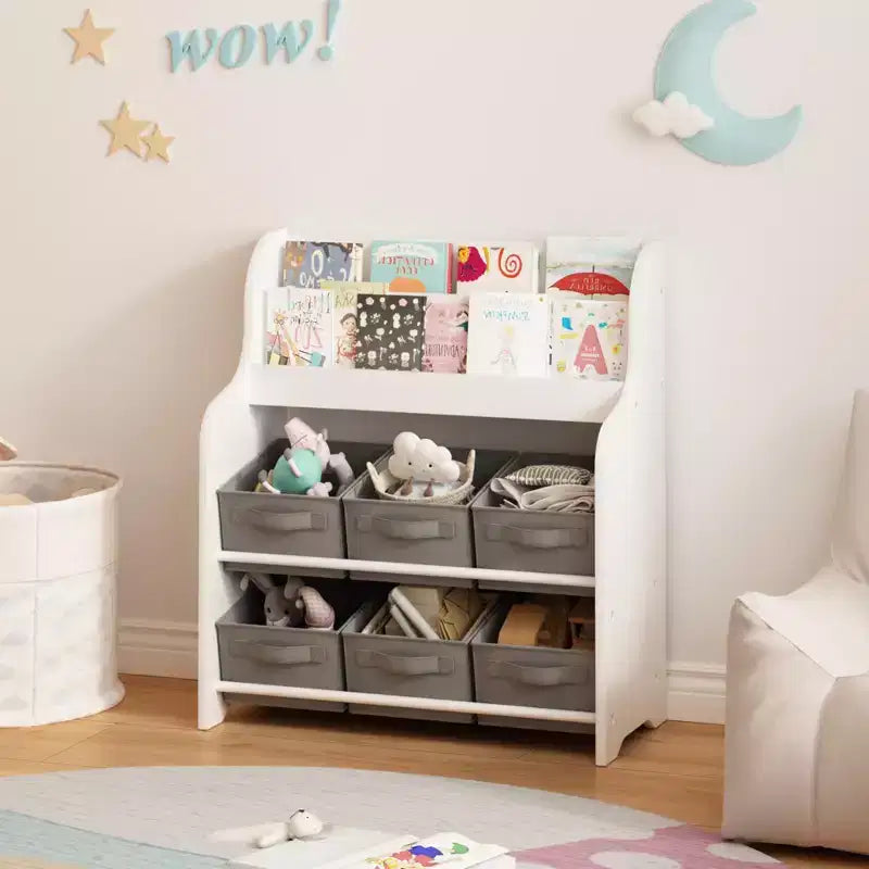 Kids Bookshelf with 6 Fabric Bins, Front-Facing Book Display and Toy Storage Organizer for Playroom or Nursery, White & Gray