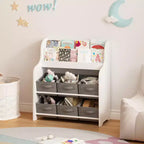 Kids Bookshelf with 6 Fabric Bins, Front-Facing Book Display and Toy Storage Organizer for Playroom or Nursery, White & Gray