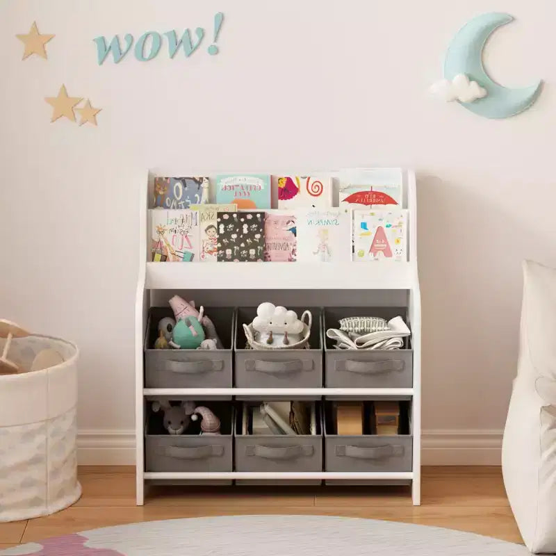 Kids Bookshelf with 6 Fabric Bins, Front-Facing Book Display and Toy Storage Organizer for Playroom or Nursery, White & Gray