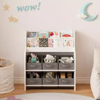 Kids Bookshelf with 6 Fabric Bins, Front-Facing Book Display and Toy Storage Organizer for Playroom or Nursery, White & Gray