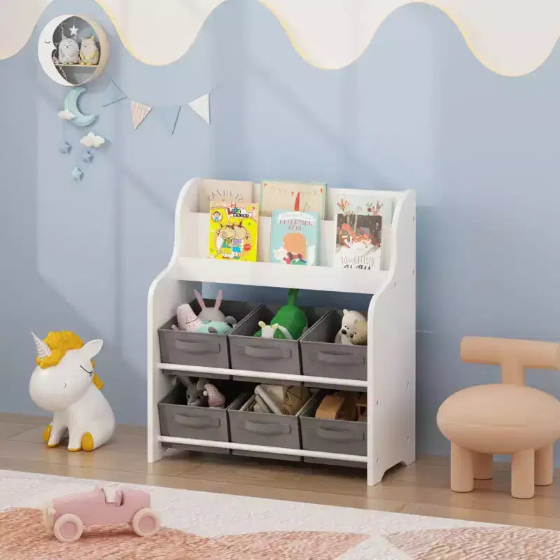 Kids Bookshelf with 6 Fabric Bins, Front-Facing Book Display and Toy Storage Organizer for Playroom or Nursery, White & Gray