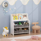 Kids Bookshelf with 6 Fabric Bins, Front-Facing Book Display and Toy Storage Organizer for Playroom or Nursery, White & Gray