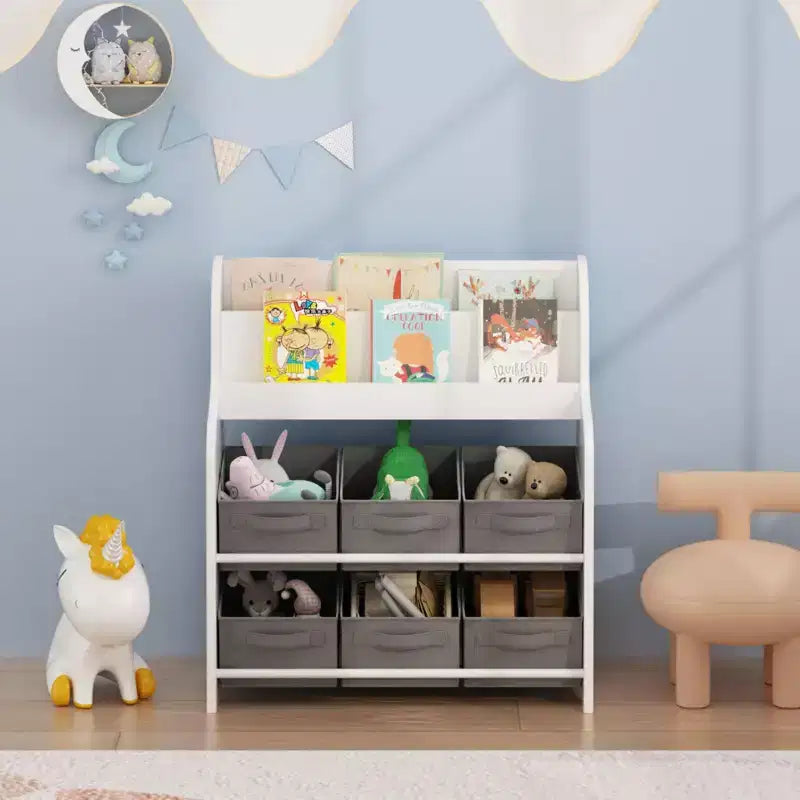 Kids Bookshelf with 6 Fabric Bins, Front-Facing Book Display and Toy Storage Organizer for Playroom or Nursery, White & Gray