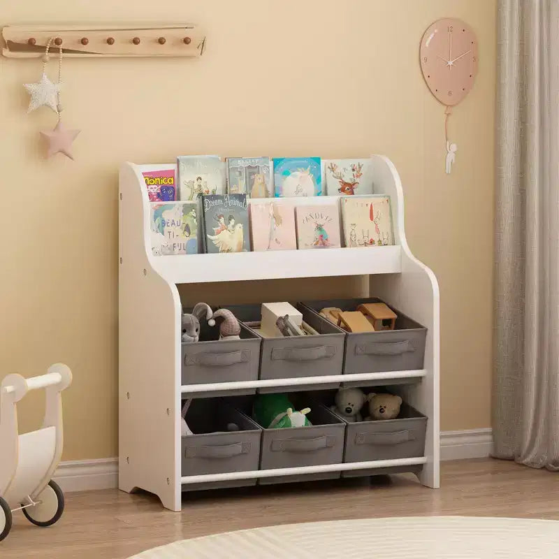 Kids Bookshelf with 6 Fabric Bins, Front-Facing Book Display and Toy Storage Organizer for Playroom or Nursery, White & Gray