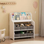 Kids Bookshelf with 6 Fabric Bins, Front-Facing Book Display and Toy Storage Organizer for Playroom or Nursery, White & Gray