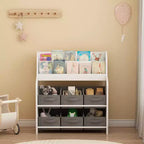 Kids Bookshelf with 6 Fabric Bins, Front-Facing Book Display and Toy Storage Organizer for Playroom or Nursery, White & Gray