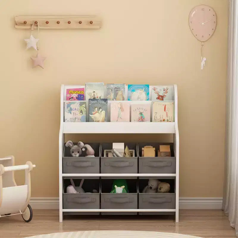 Kids Bookshelf with 6 Fabric Bins, Front-Facing Book Display and Toy Storage Organizer for Playroom or Nursery, White & Gray