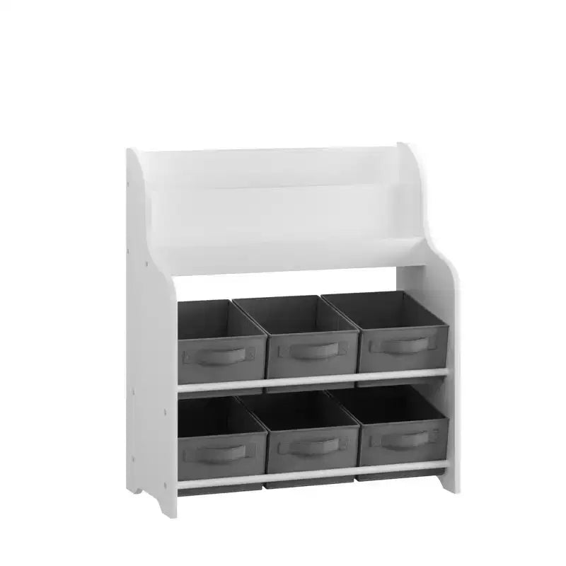 Kids Bookshelf with 6 Fabric Bins, Front-Facing Book Display and Toy Storage Organizer for Playroom or Nursery, White & Gray