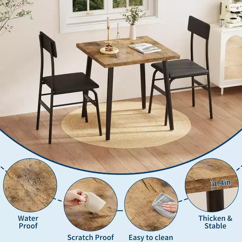 Small Dining Table Set for 2, 3 Piece Kitchen Table Set with 2 Upholstered Chairs, Breakfast Table for Samll Space, Dining Room, Apartment, Restaurant
