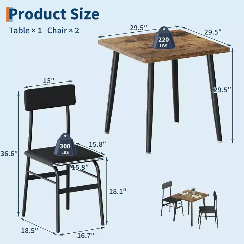 Small Dining Table Set for 2, 3 Piece Kitchen Table Set with 2 Upholstered Chairs, Breakfast Table for Samll Space, Dining Room, Apartment, Restaurant