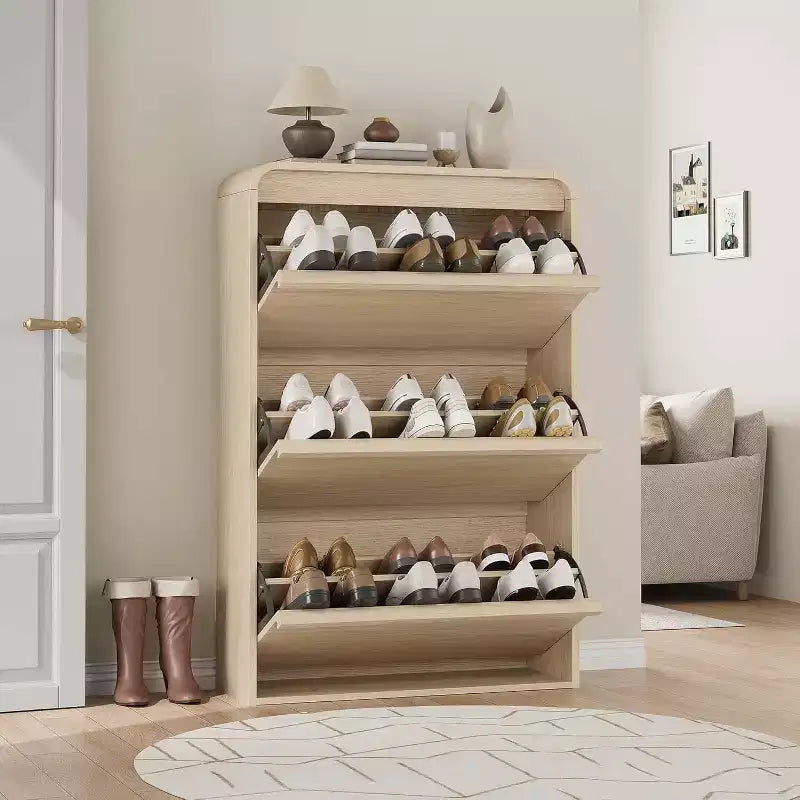 Flip-Door Shoe Cabinet with 3 Doors & Adjustable Shelf, Wooden Entryway Storage for Hallway and Living Room