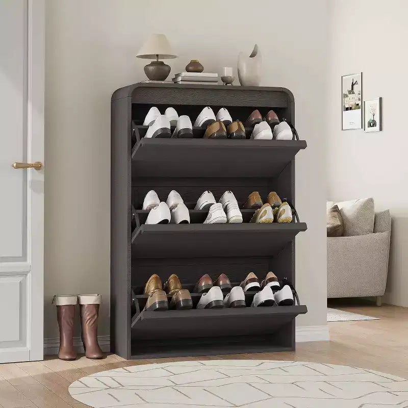 Flip-Door Shoe Cabinet with 3 Doors & Adjustable Shelf, Wooden Entryway Storage for Hallway and Living Room
