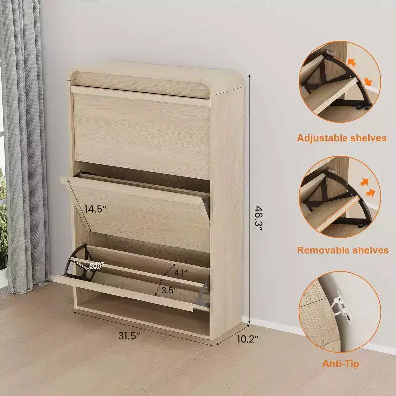 Flip-Door Shoe Cabinet with 3 Doors & Adjustable Shelf, Wooden Entryway Storage for Hallway and Living Room