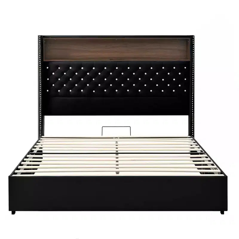 MAYEERTY Queen Size Velvet Tufted Bed with Port Night Light 52 HIgh Headboard with Rivet Decor Headboard Shelf for Bedroom Black