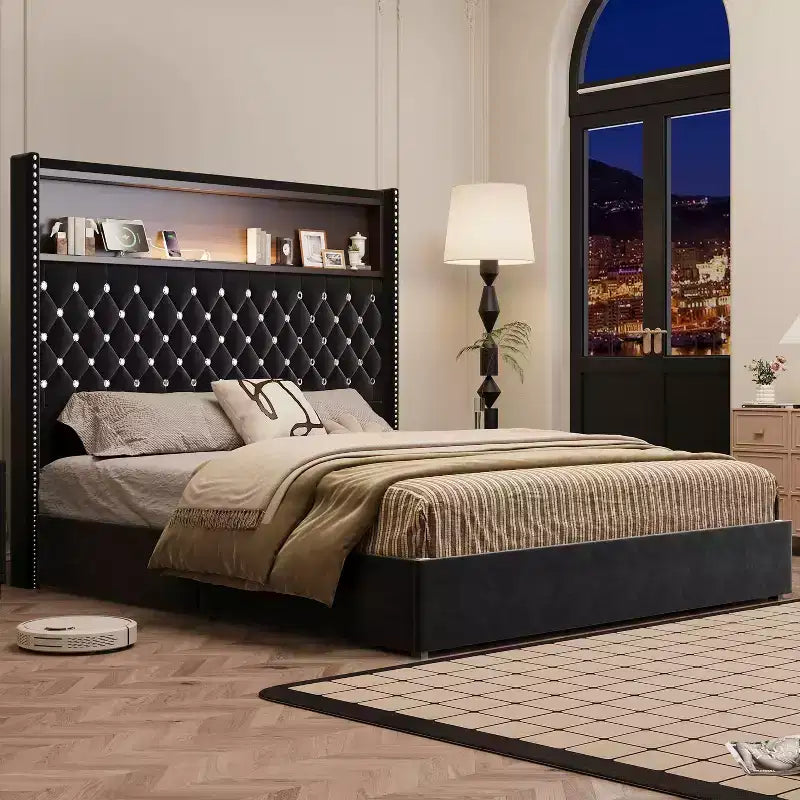 MAYEERTY Queen Size Velvet Tufted Bed with Port Night Light 52 HIgh Headboard with Rivet Decor Headboard Shelf for Bedroom Black