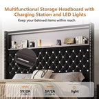 MAYEERTY Queen Size Velvet Tufted Bed with Port Night Light 52 HIgh Headboard with Rivet Decor Headboard Shelf for Bedroom Black