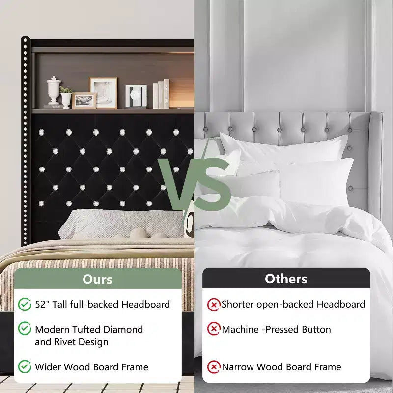 MAYEERTY Queen Size Velvet Tufted Bed with Port Night Light 52 HIgh Headboard with Rivet Decor Headboard Shelf for Bedroom Black