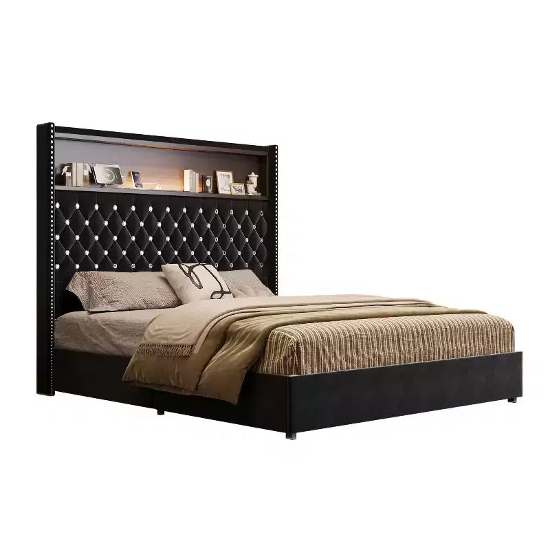 MAYEERTY Queen Size Velvet Tufted Bed with Port Night Light 52 HIgh Headboard with Rivet Decor Headboard Shelf for Bedroom Black