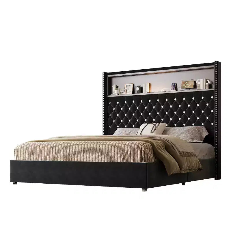 MAYEERTY Queen Size Velvet Tufted Bed with Port Night Light 52 HIgh Headboard with Rivet Decor Headboard Shelf for Bedroom Black