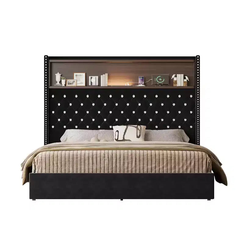 MAYEERTY Queen Size Velvet Tufted Bed with Port Night Light 52 HIgh Headboard with Rivet Decor Headboard Shelf for Bedroom Black