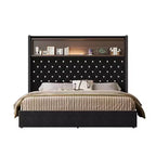 MAYEERTY Queen Size Velvet Tufted Bed with Port Night Light 52 HIgh Headboard with Rivet Decor Headboard Shelf for Bedroom Black