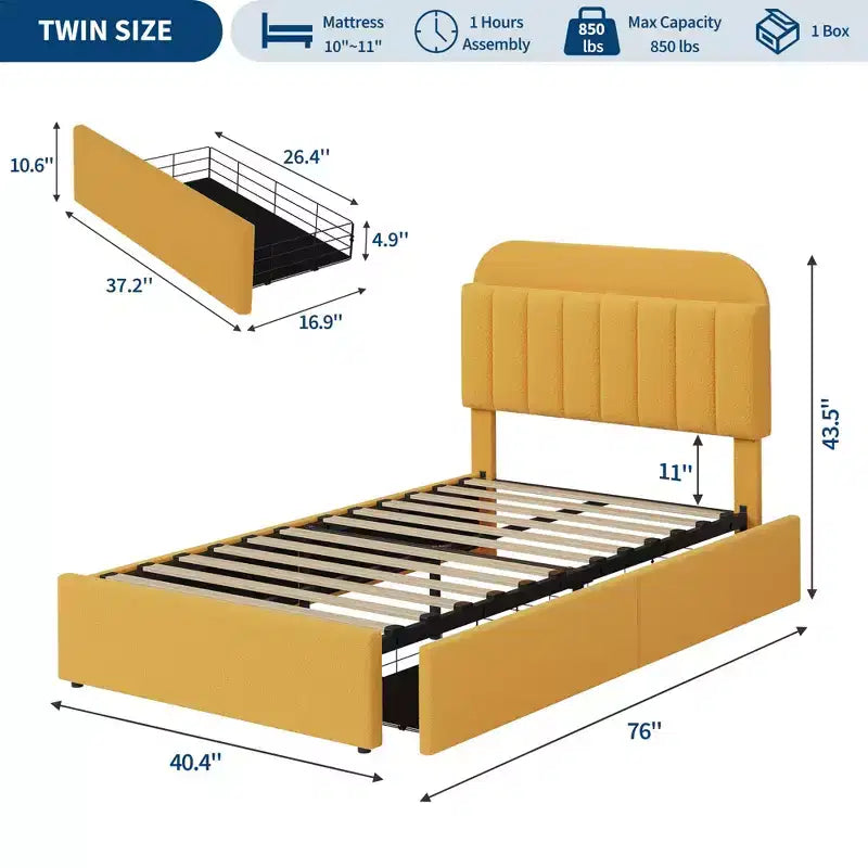 Bed Frame with Storage Headboard, Kids Bed Frame with 2 Drawers, Boucle Upholstered Platform Bed with Bookcase, No Box Spring Needed, Easy Assembly