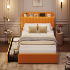 Bed Frame with Storage Headboard, Kids Bed Frame with 2 Drawers, Boucle Upholstered Platform Bed with Bookcase, No Box Spring Needed, Easy Assembly