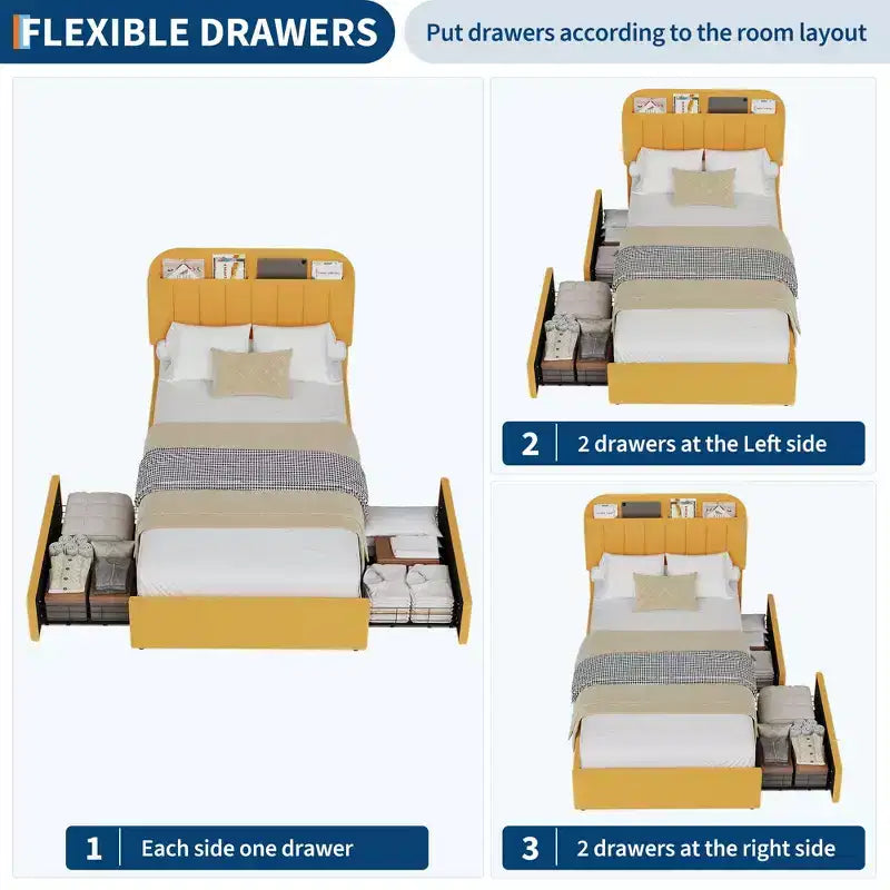 Bed Frame with Storage Headboard, Kids Bed Frame with 2 Drawers, Boucle Upholstered Platform Bed with Bookcase, No Box Spring Needed, Easy Assembly