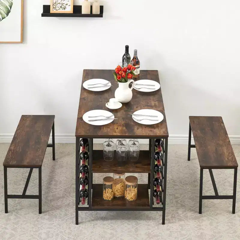 Dining Table Set for 4, Kitchen Table with 2 Benches, Wine Rack and Storage Shelf, Rectangular Dining Room Table Set, 3 Piece Dining Table Set