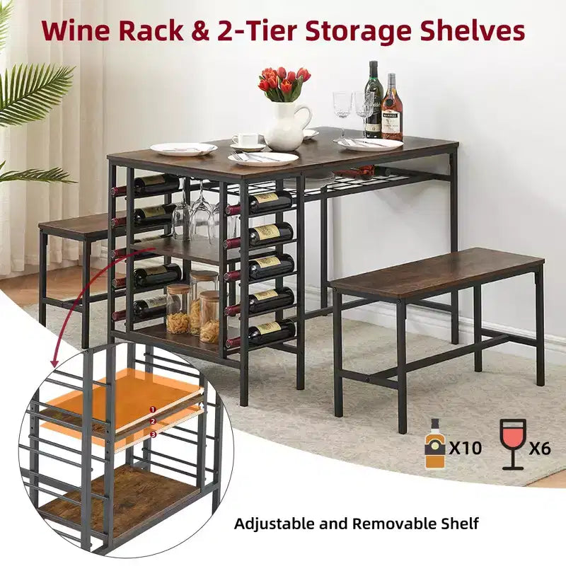 Dining Table Set for 4, Kitchen Table with 2 Benches, Wine Rack and Storage Shelf, Rectangular Dining Room Table Set, 3 Piece Dining Table Set