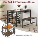 Dining Table Set for 4, Kitchen Table with 2 Benches, Wine Rack and Storage Shelf, Rectangular Dining Room Table Set, 3 Piece Dining Table Set