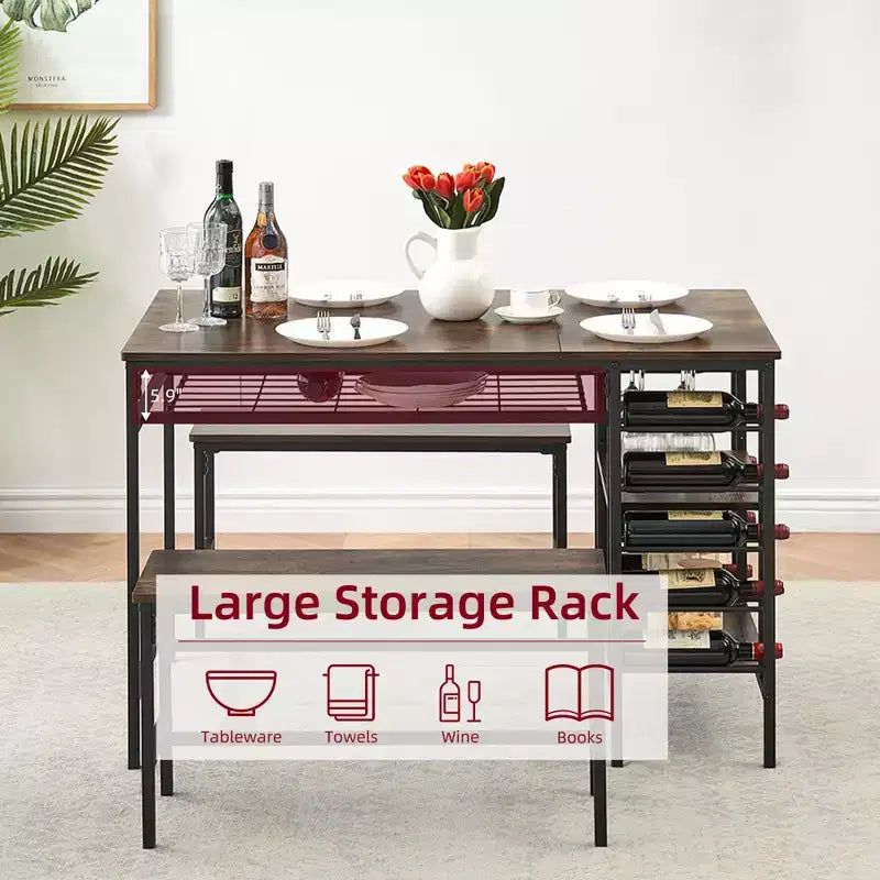 Dining Table Set for 4, Kitchen Table with 2 Benches, Wine Rack and Storage Shelf, Rectangular Dining Room Table Set, 3 Piece Dining Table Set