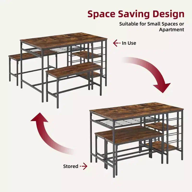 Dining Table Set for 4, Kitchen Table with 2 Benches, Wine Rack and Storage Shelf, Rectangular Dining Room Table Set, 3 Piece Dining Table Set