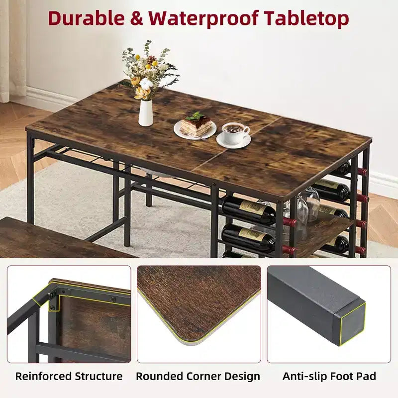 Dining Table Set for 4, Kitchen Table with 2 Benches, Wine Rack and Storage Shelf, Rectangular Dining Room Table Set, 3 Piece Dining Table Set