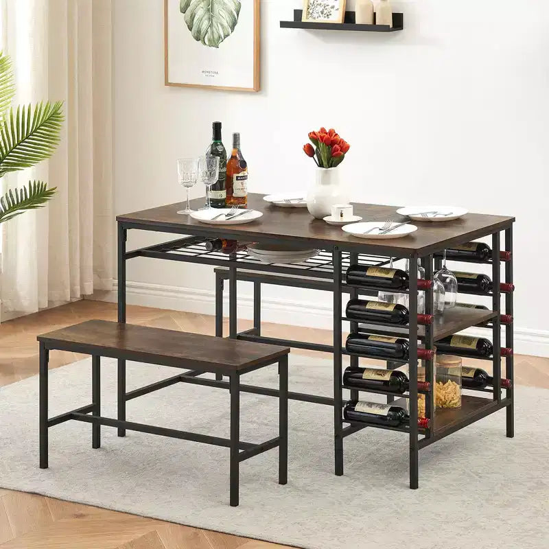 Dining Table Set for 4, Kitchen Table with 2 Benches, Wine Rack and Storage Shelf, Rectangular Dining Room Table Set, 3 Piece Dining Table Set