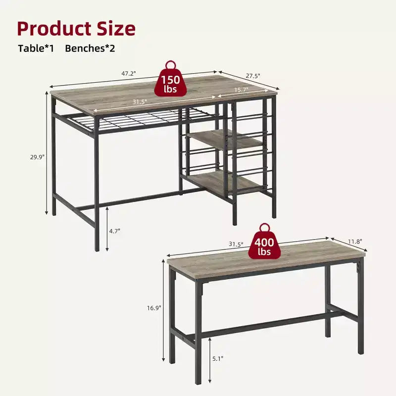 Dining Table Set for 4, Kitchen Table with 2 Benches, Wine Rack and Storage Shelf, Rectangular Dining Room Table Set, 3 Piece Dining Table Set
