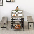 Dining Table Set for 4, Kitchen Table with 2 Benches, Wine Rack and Storage Shelf, Rectangular Dining Room Table Set, 3 Piece Dining Table Set
